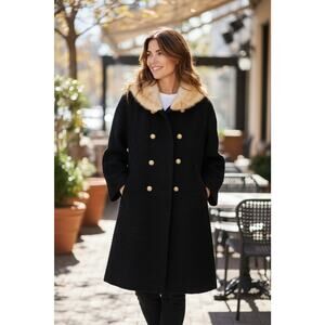 Vintage 1960-70's ILGWU Womens Black Wool Quilted Peacoat Brown Mink Fur Trim